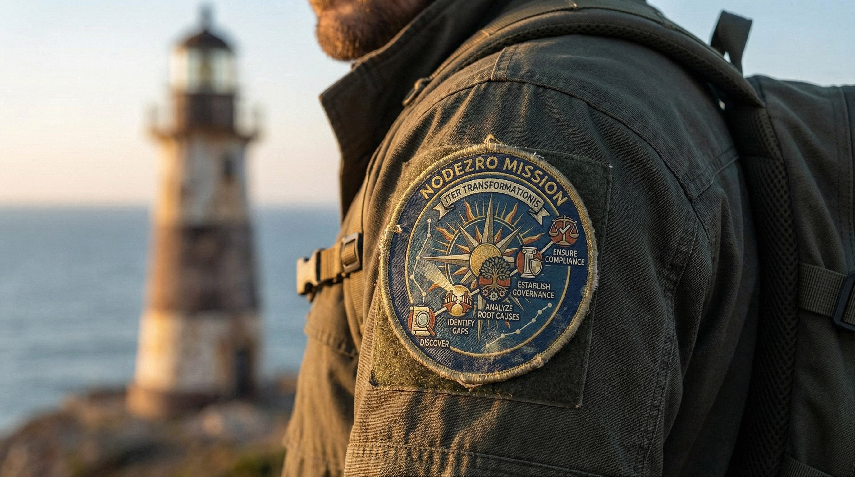 Explorer wearing the Klarvant Mission badge looking toward a lighthouse - symbolizing guidance through digital risk transformation