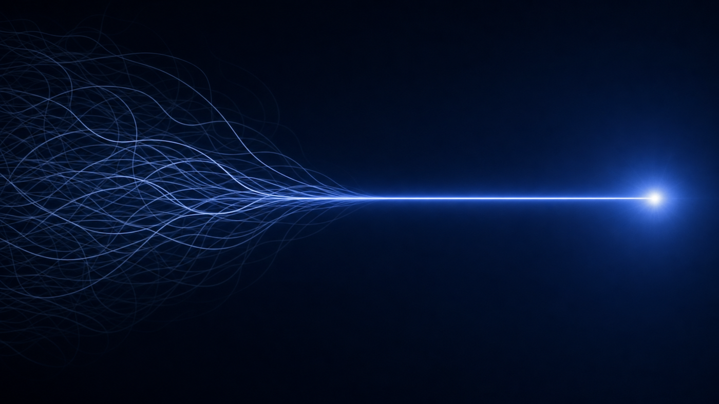 Many faint, tangled lines resolving into a single clean, bright blue line