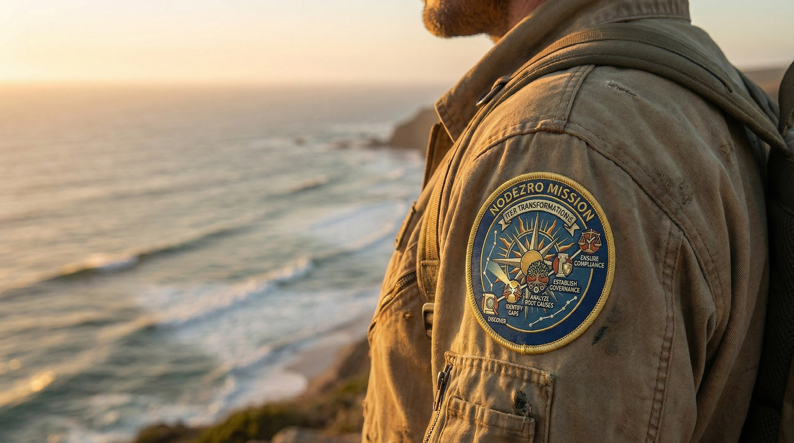 An explorer wearing the Klarvant mission badge, looking out over the horizon.