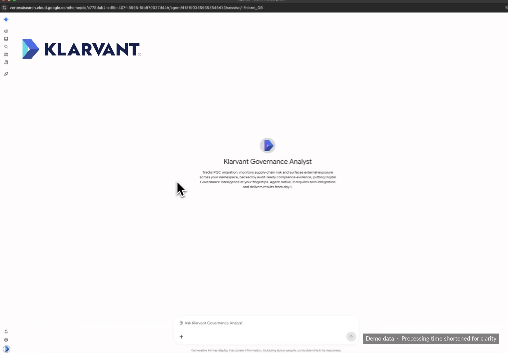 A frame from the Klarvant Digital Governance Analyst demo inside Gemini Enterprise